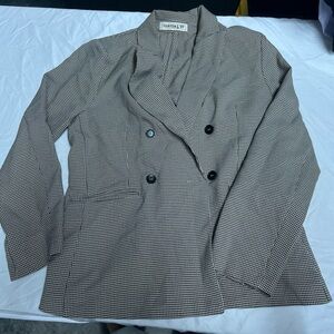 Double-Breasted Houndstooth Blazer - Neutral Brown/Black